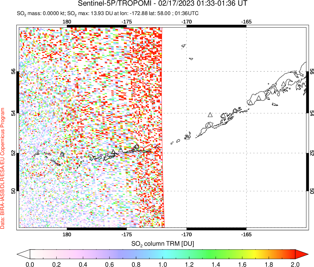 A sulfur dioxide image over Aleutian Islands, Alaska, USA on Feb 17, 2023.