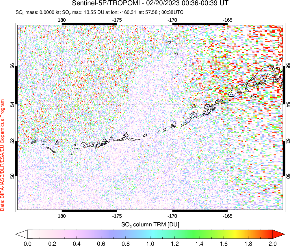 A sulfur dioxide image over Aleutian Islands, Alaska, USA on Feb 20, 2023.