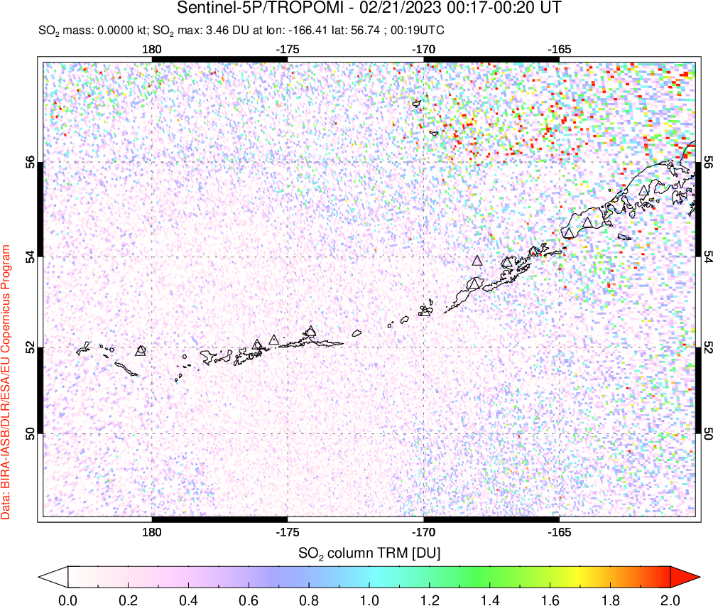 A sulfur dioxide image over Aleutian Islands, Alaska, USA on Feb 21, 2023.