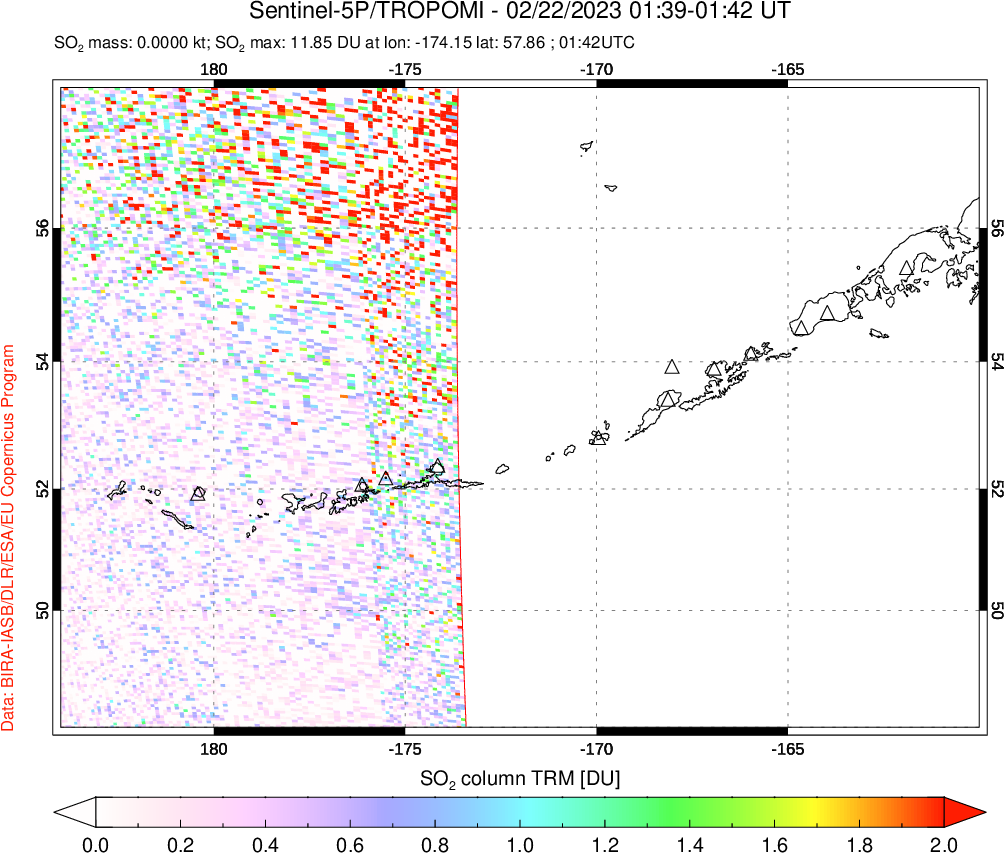 A sulfur dioxide image over Aleutian Islands, Alaska, USA on Feb 22, 2023.