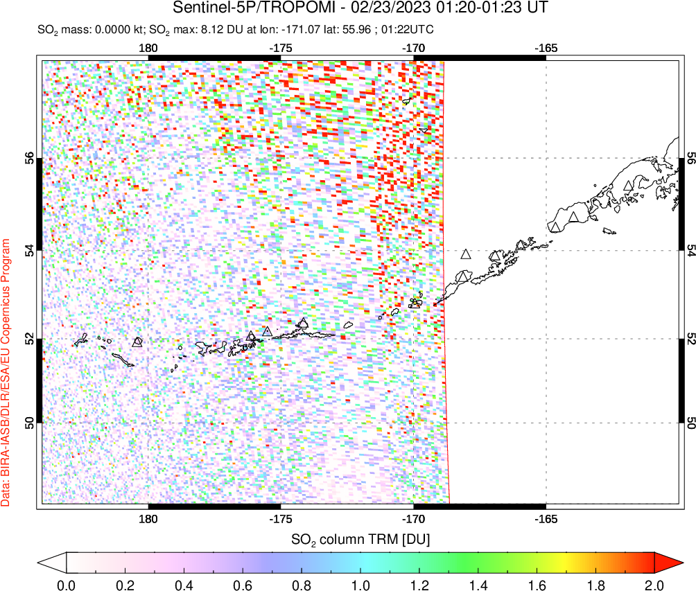 A sulfur dioxide image over Aleutian Islands, Alaska, USA on Feb 23, 2023.