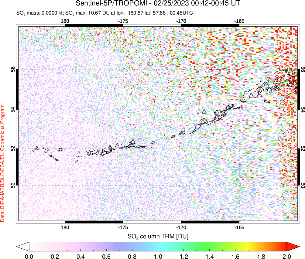 A sulfur dioxide image over Aleutian Islands, Alaska, USA on Feb 25, 2023.