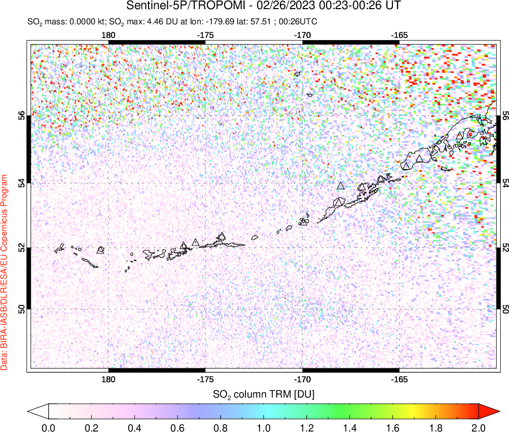 A sulfur dioxide image over Aleutian Islands, Alaska, USA on Feb 26, 2023.