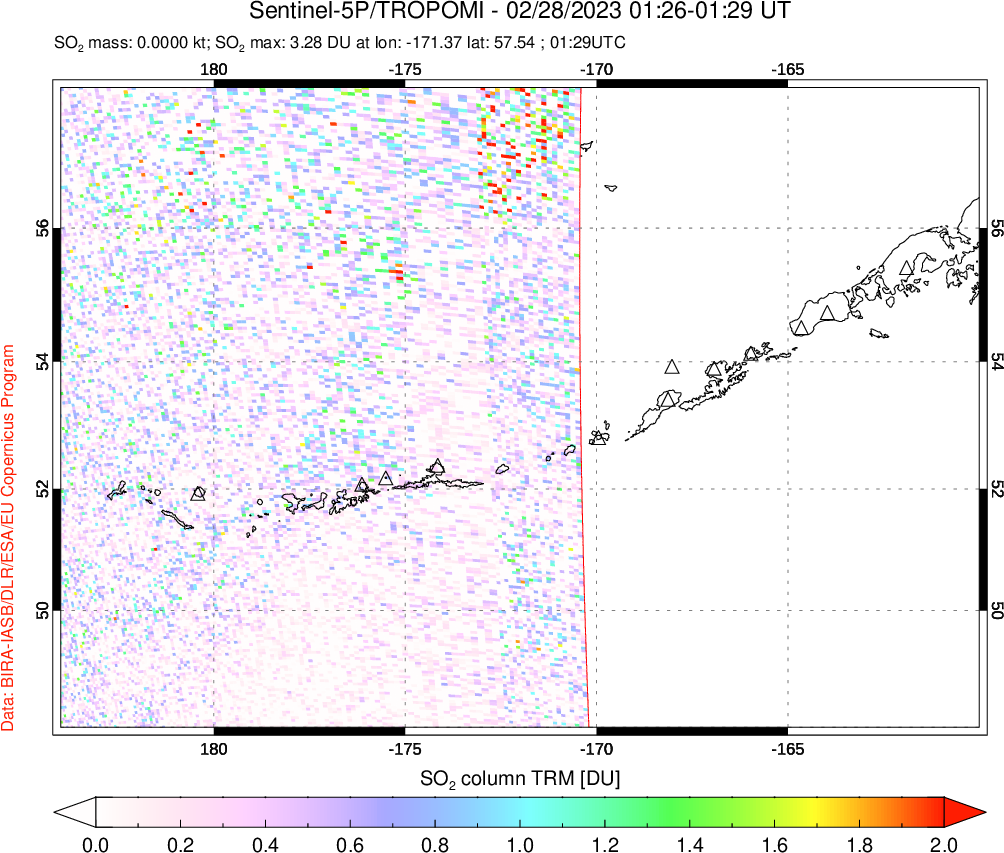 A sulfur dioxide image over Aleutian Islands, Alaska, USA on Feb 28, 2023.