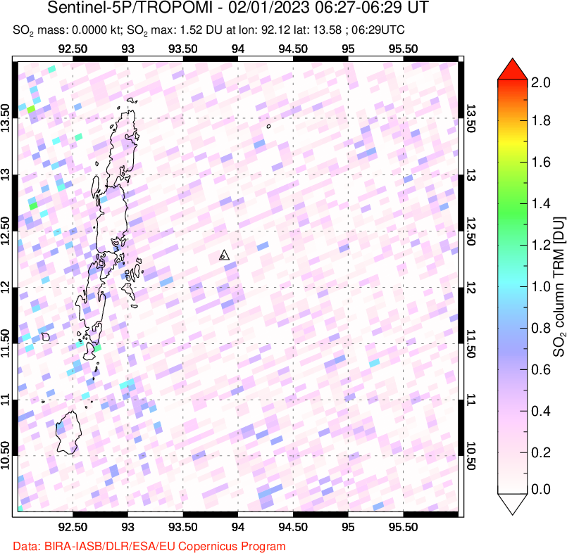 A sulfur dioxide image over Andaman Islands, Indian Ocean on Feb 01, 2023.