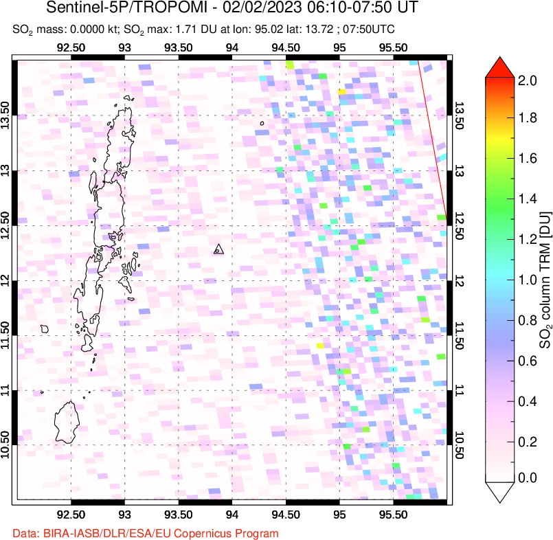 A sulfur dioxide image over Andaman Islands, Indian Ocean on Feb 02, 2023.
