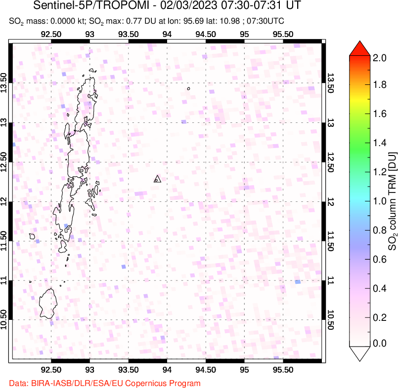 A sulfur dioxide image over Andaman Islands, Indian Ocean on Feb 03, 2023.