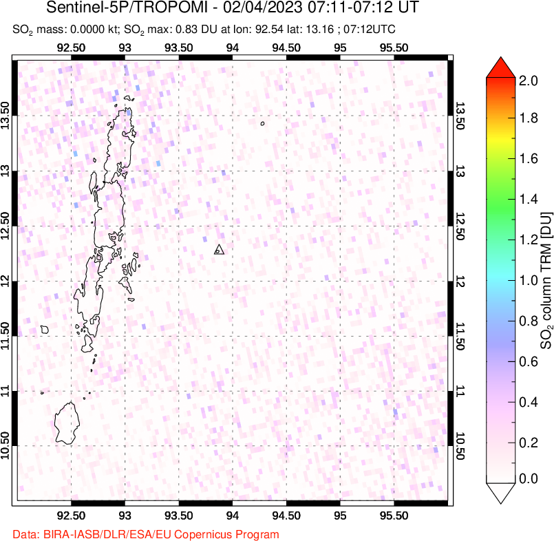 A sulfur dioxide image over Andaman Islands, Indian Ocean on Feb 04, 2023.