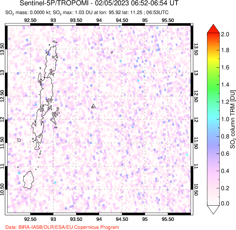 A sulfur dioxide image over Andaman Islands, Indian Ocean on Feb 05, 2023.