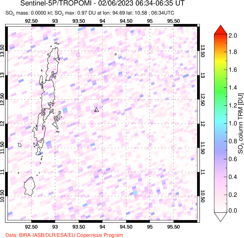 A sulfur dioxide image over Andaman Islands, Indian Ocean on Feb 06, 2023.