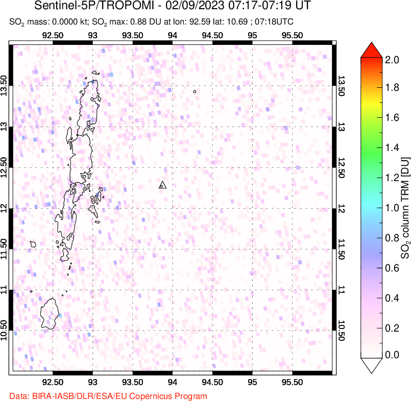 A sulfur dioxide image over Andaman Islands, Indian Ocean on Feb 09, 2023.