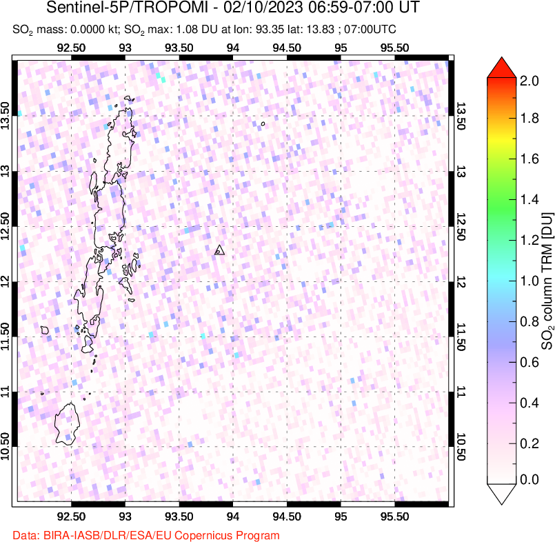 A sulfur dioxide image over Andaman Islands, Indian Ocean on Feb 10, 2023.