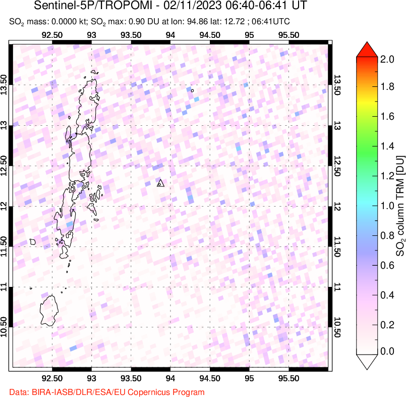 A sulfur dioxide image over Andaman Islands, Indian Ocean on Feb 11, 2023.