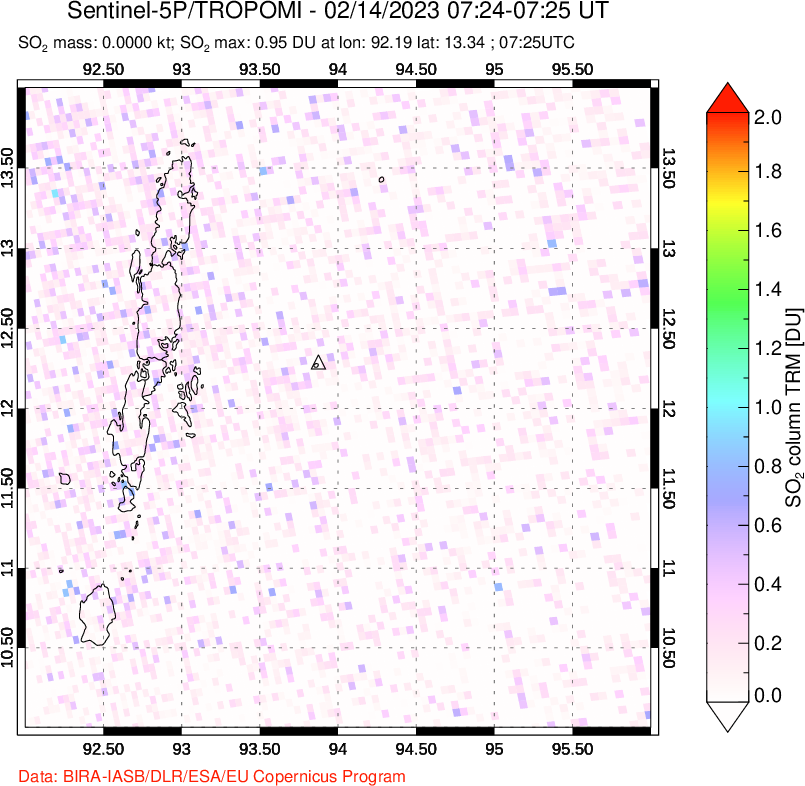 A sulfur dioxide image over Andaman Islands, Indian Ocean on Feb 14, 2023.