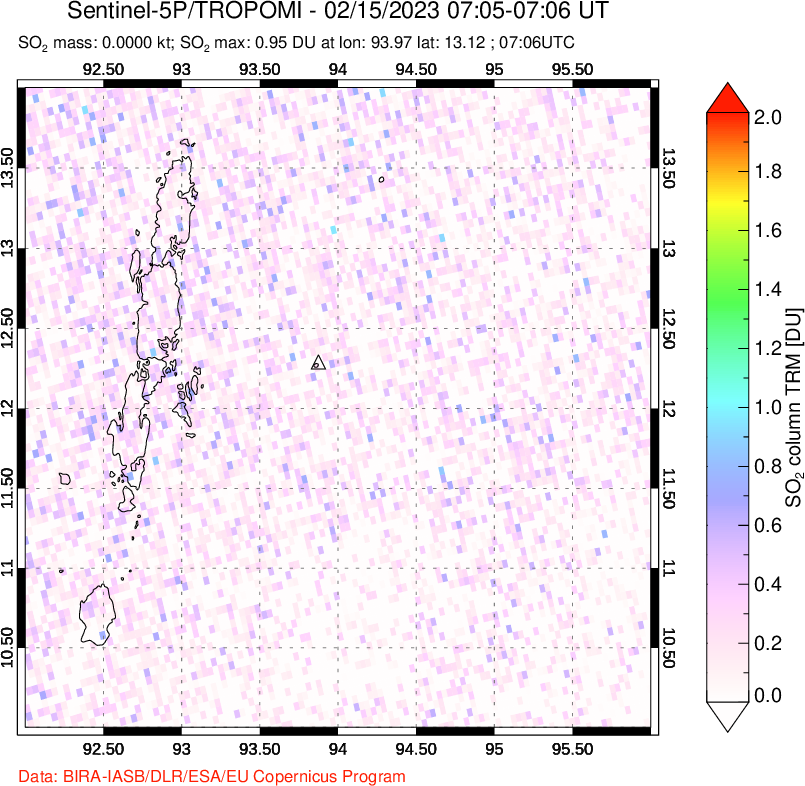 A sulfur dioxide image over Andaman Islands, Indian Ocean on Feb 15, 2023.
