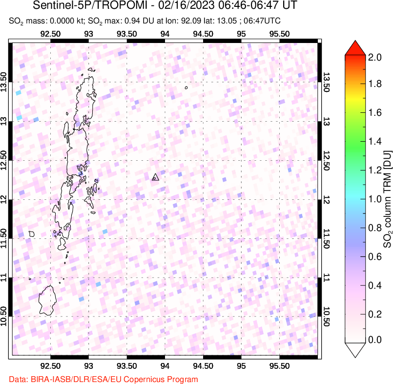 A sulfur dioxide image over Andaman Islands, Indian Ocean on Feb 16, 2023.