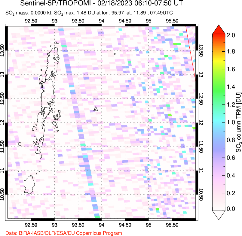 A sulfur dioxide image over Andaman Islands, Indian Ocean on Feb 18, 2023.