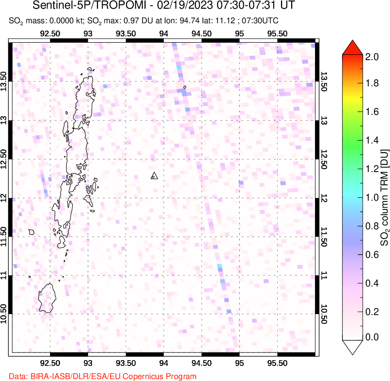 A sulfur dioxide image over Andaman Islands, Indian Ocean on Feb 19, 2023.