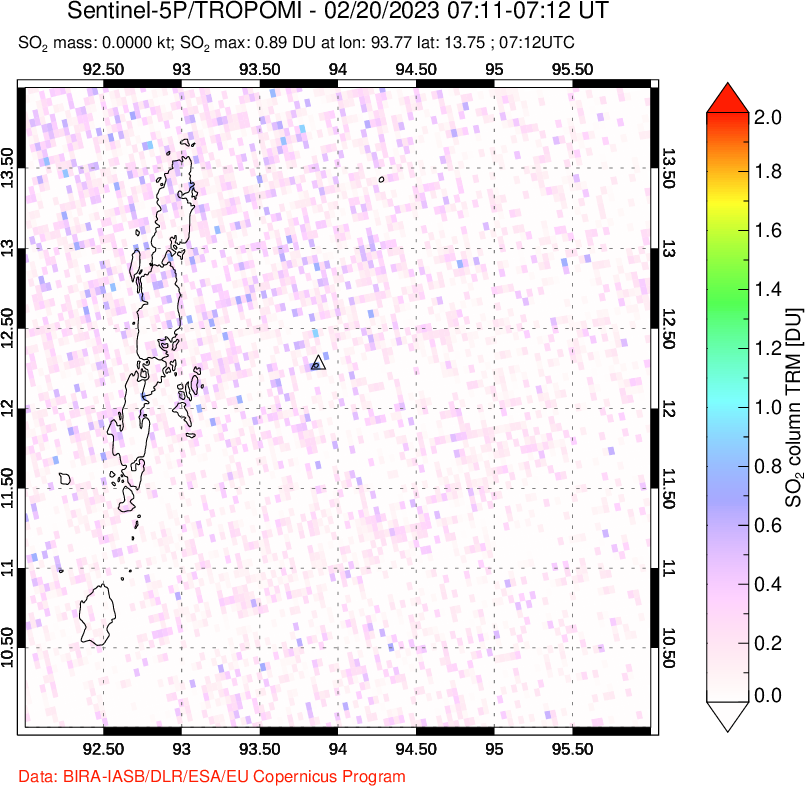A sulfur dioxide image over Andaman Islands, Indian Ocean on Feb 20, 2023.