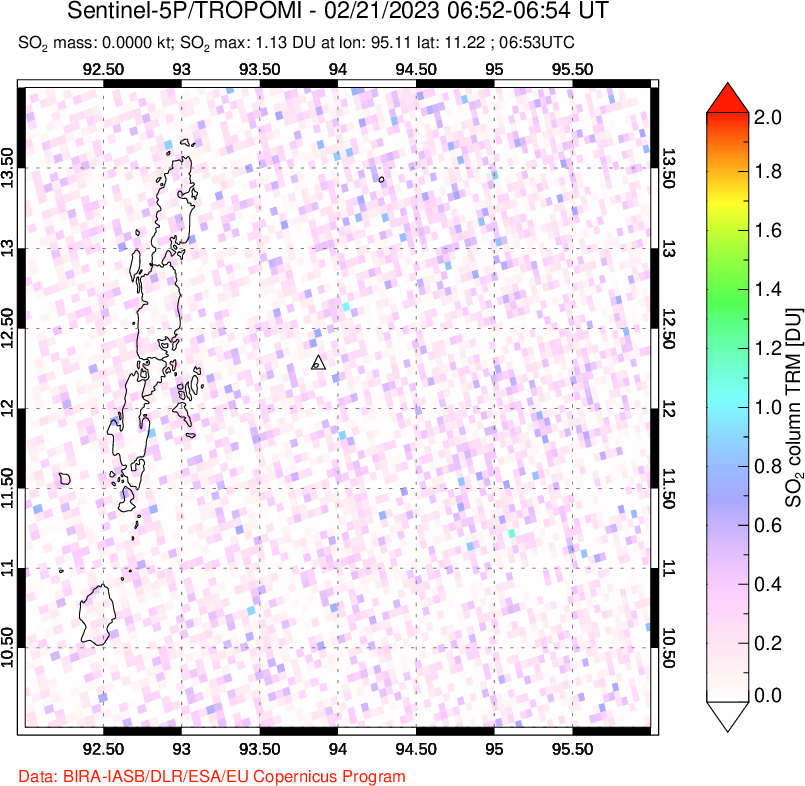 A sulfur dioxide image over Andaman Islands, Indian Ocean on Feb 21, 2023.