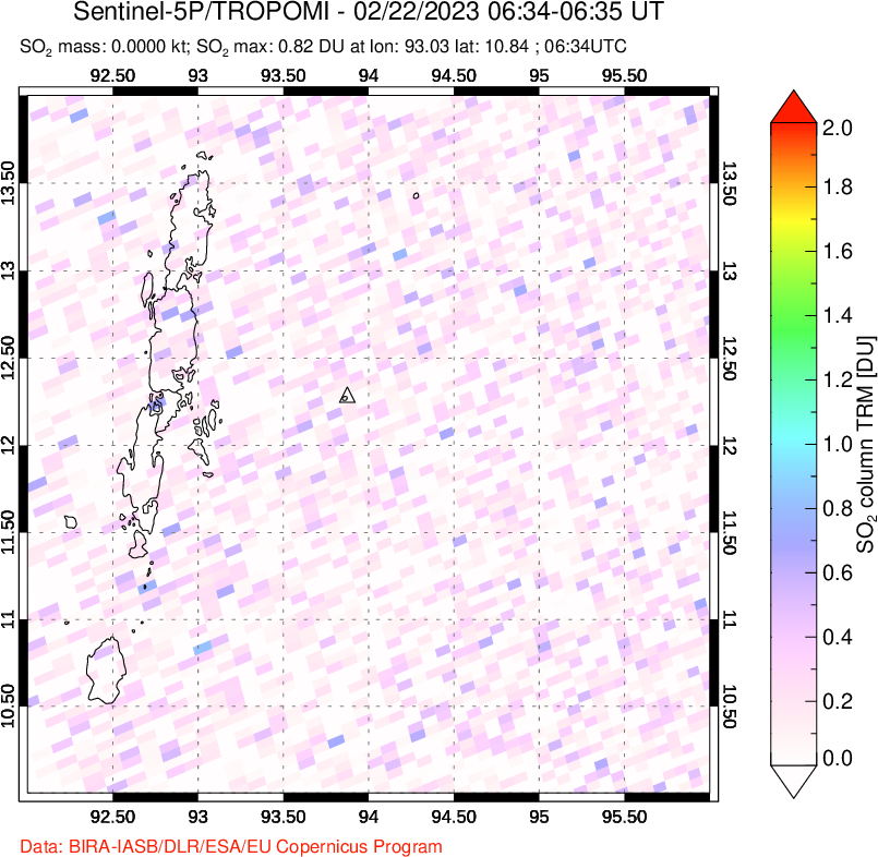 A sulfur dioxide image over Andaman Islands, Indian Ocean on Feb 22, 2023.
