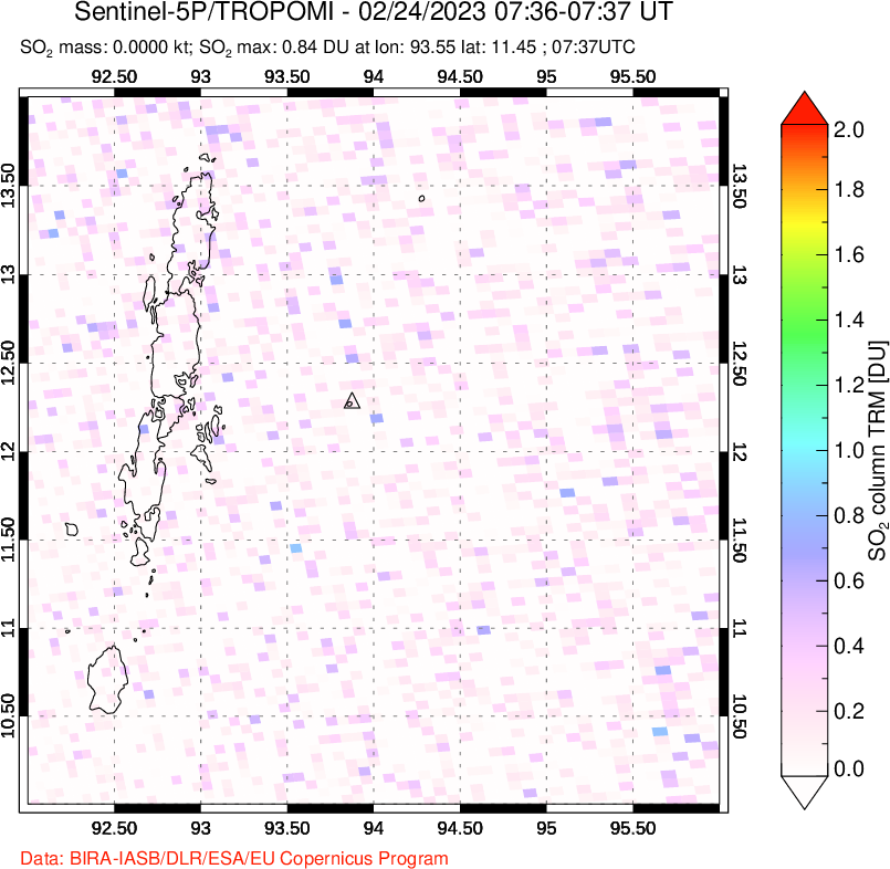 A sulfur dioxide image over Andaman Islands, Indian Ocean on Feb 24, 2023.