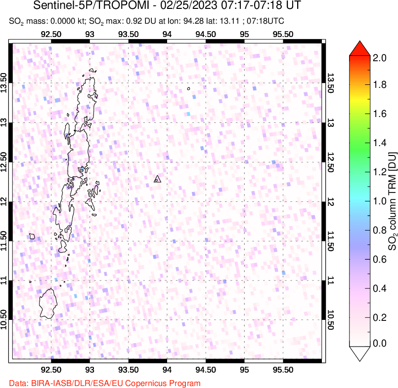 A sulfur dioxide image over Andaman Islands, Indian Ocean on Feb 25, 2023.