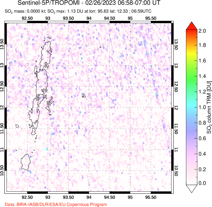 A sulfur dioxide image over Andaman Islands, Indian Ocean on Feb 26, 2023.