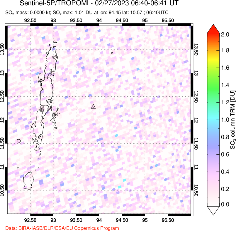 A sulfur dioxide image over Andaman Islands, Indian Ocean on Feb 27, 2023.