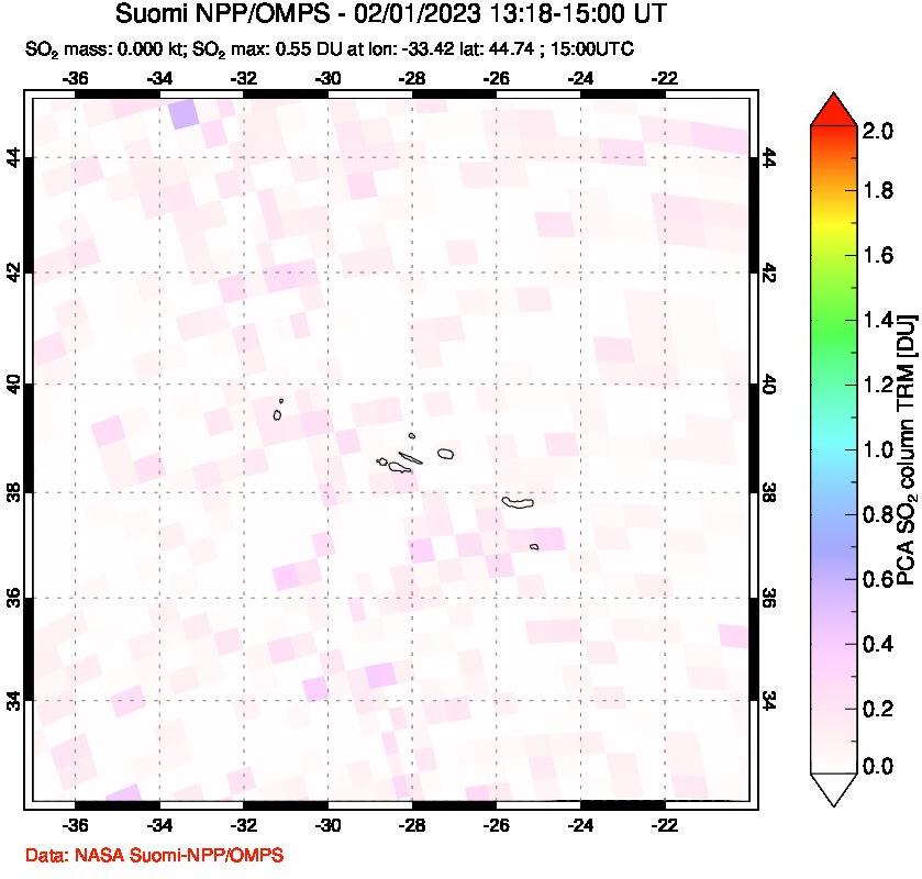 A sulfur dioxide image over Azores Islands, Portugal on Feb 01, 2023.