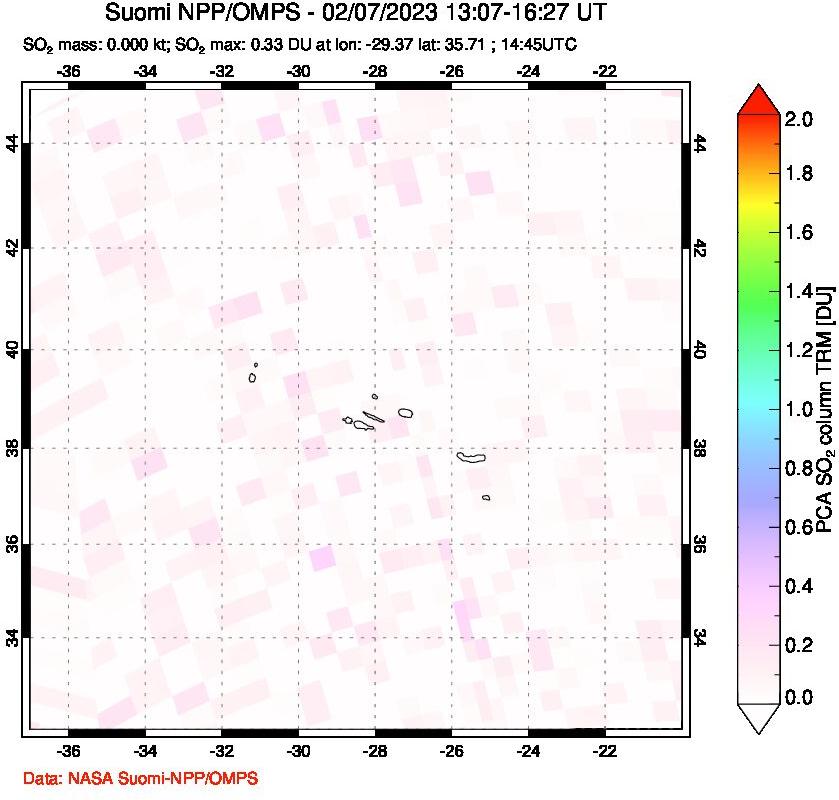 A sulfur dioxide image over Azores Islands, Portugal on Feb 07, 2023.