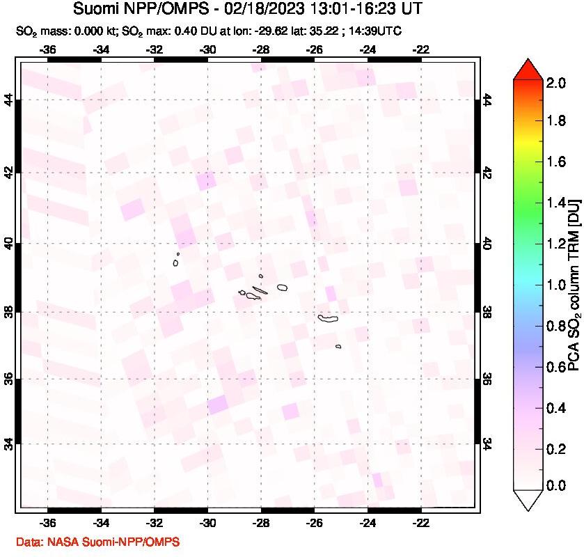 A sulfur dioxide image over Azores Islands, Portugal on Feb 18, 2023.
