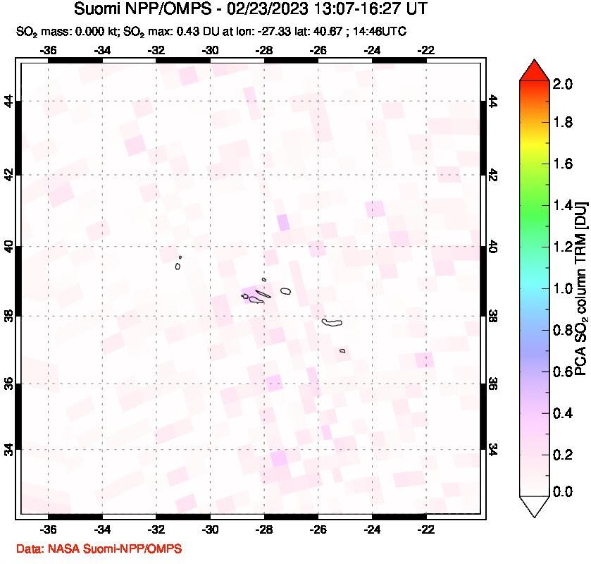 A sulfur dioxide image over Azores Islands, Portugal on Feb 23, 2023.