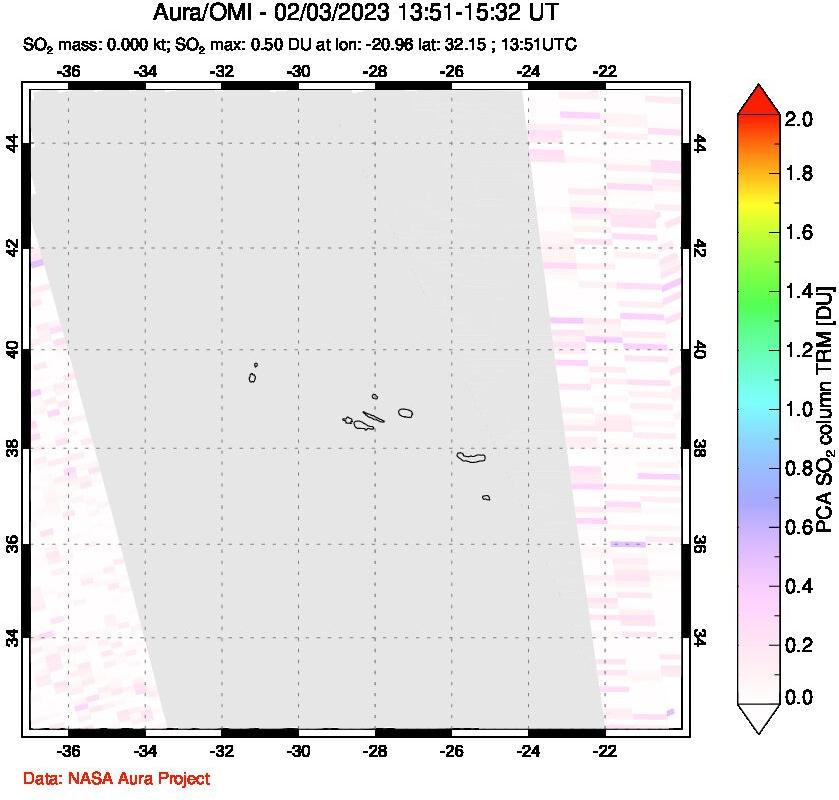 A sulfur dioxide image over Azore Islands, Portugal on Feb 03, 2023.
