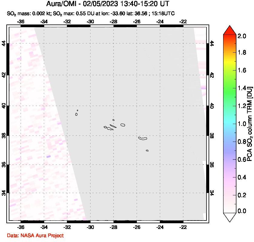 A sulfur dioxide image over Azore Islands, Portugal on Feb 05, 2023.