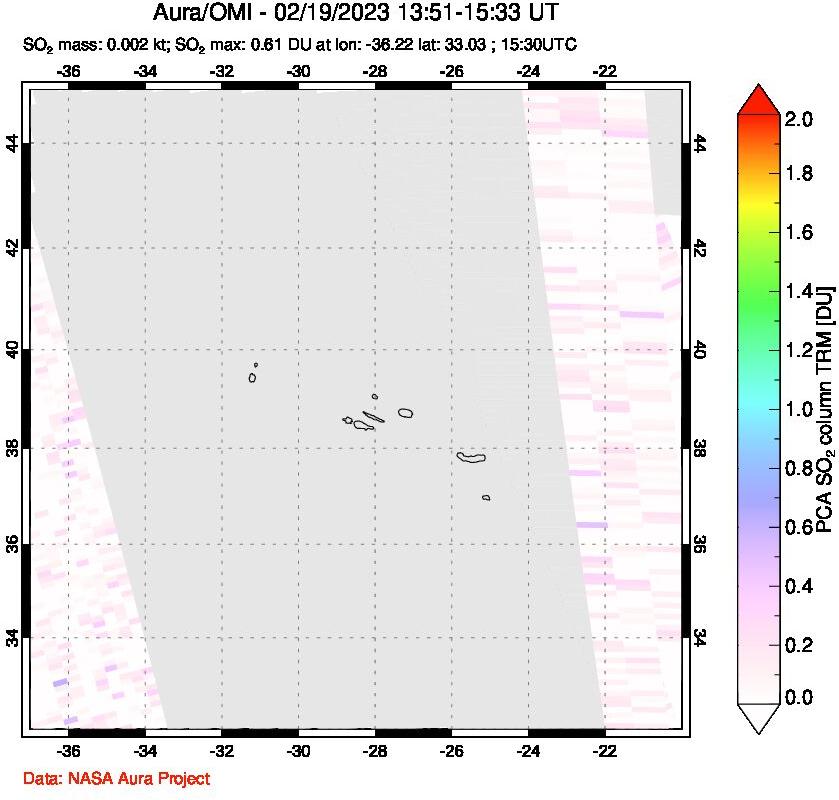 A sulfur dioxide image over Azore Islands, Portugal on Feb 19, 2023.