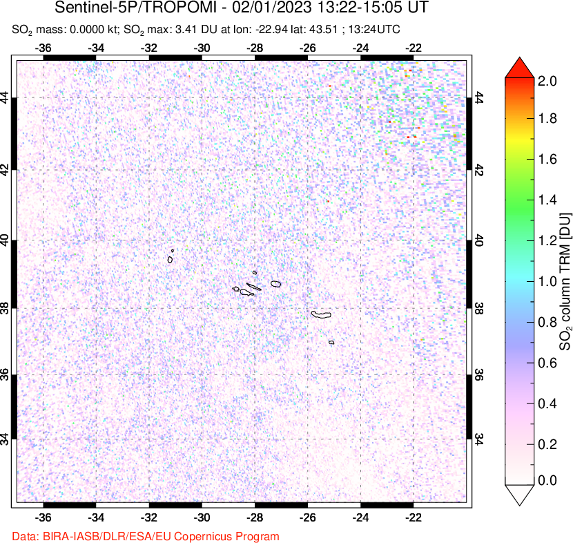 A sulfur dioxide image over Azore Islands, Portugal on Feb 01, 2023.