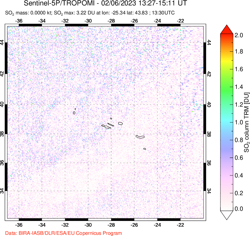 A sulfur dioxide image over Azore Islands, Portugal on Feb 06, 2023.