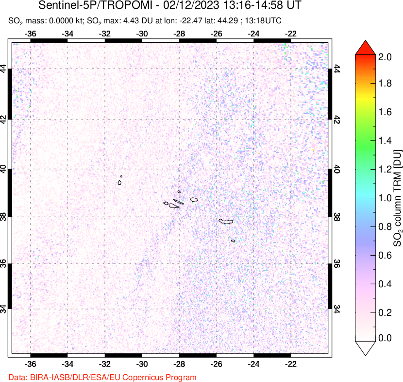A sulfur dioxide image over Azore Islands, Portugal on Feb 12, 2023.