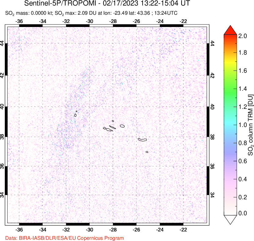 A sulfur dioxide image over Azore Islands, Portugal on Feb 17, 2023.