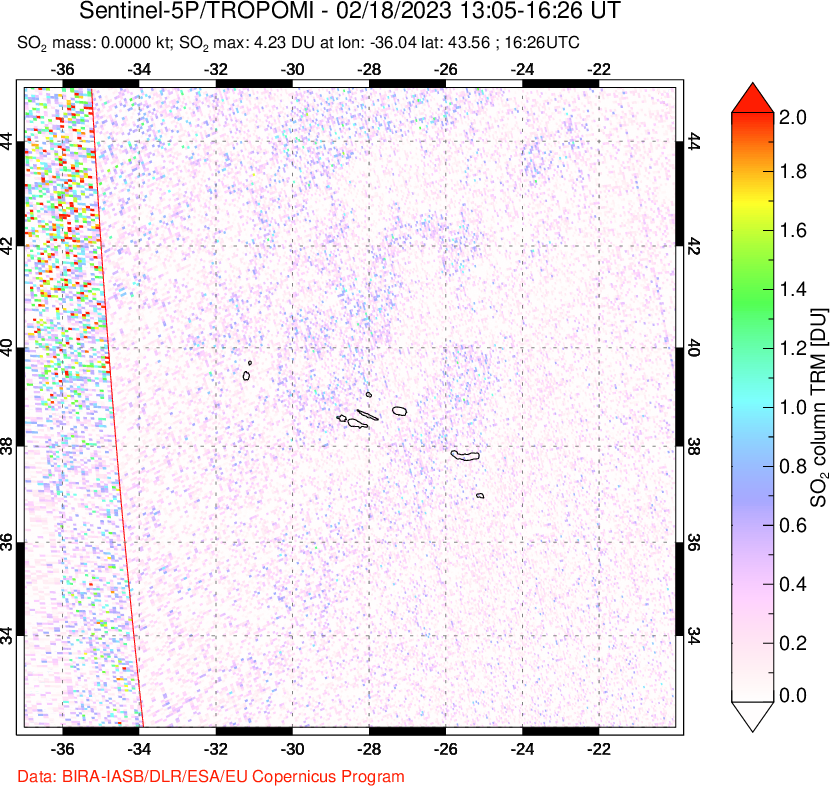 A sulfur dioxide image over Azore Islands, Portugal on Feb 18, 2023.