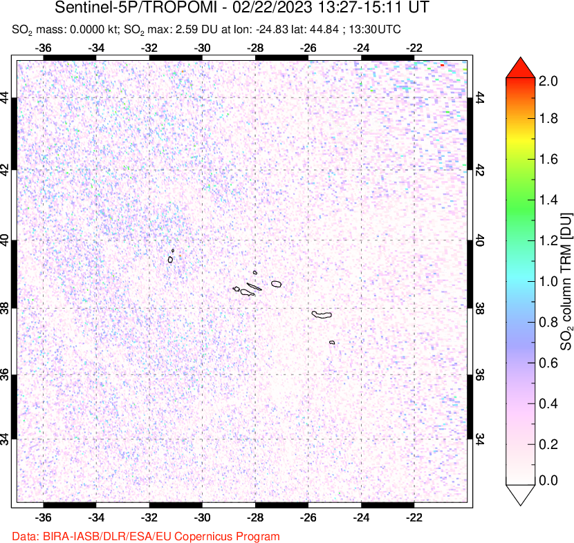 A sulfur dioxide image over Azore Islands, Portugal on Feb 22, 2023.