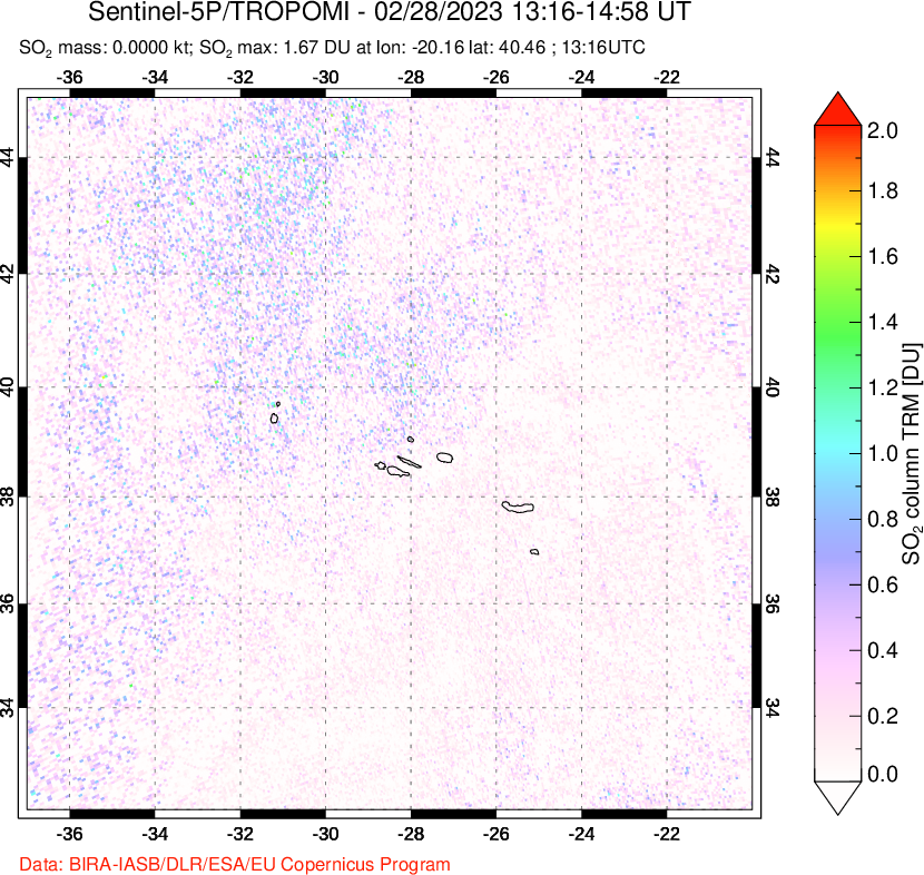 A sulfur dioxide image over Azore Islands, Portugal on Feb 28, 2023.