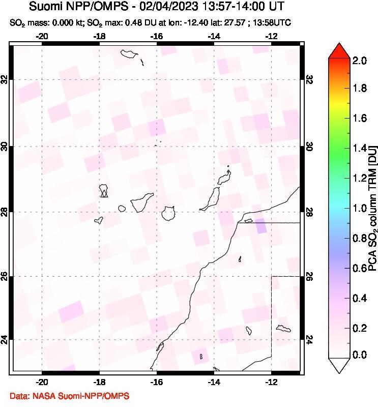 A sulfur dioxide image over Canary Islands on Feb 04, 2023.