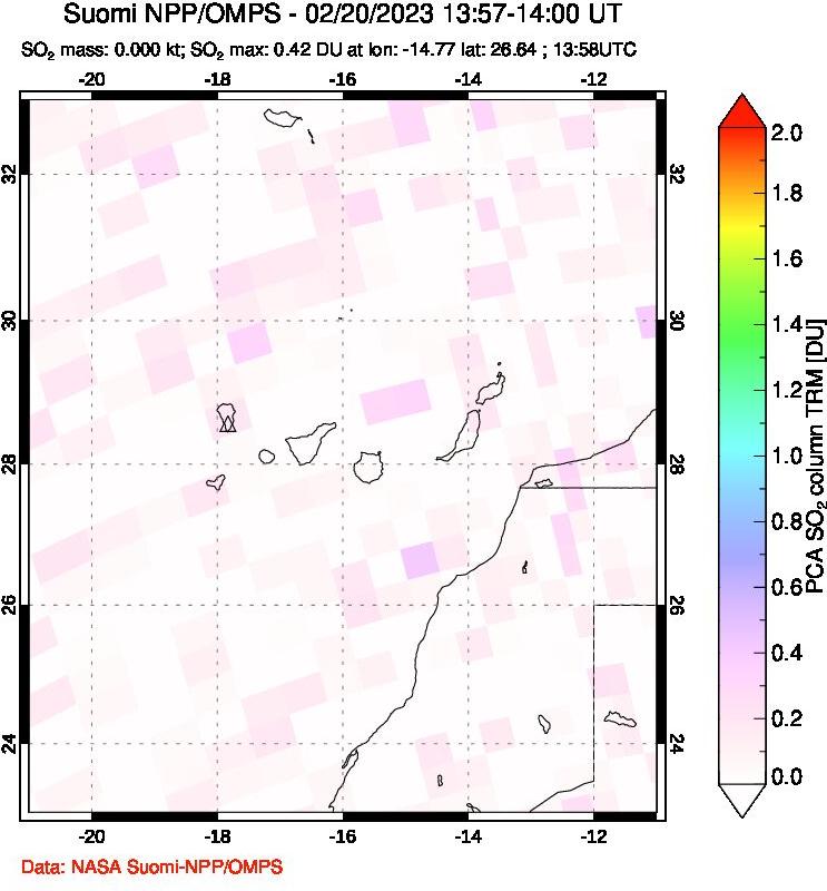 A sulfur dioxide image over Canary Islands on Feb 20, 2023.