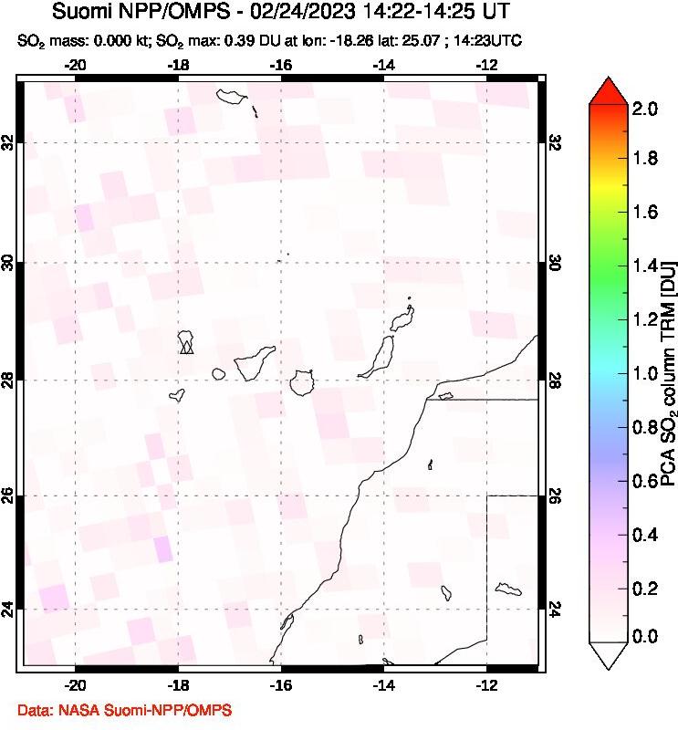 A sulfur dioxide image over Canary Islands on Feb 24, 2023.
