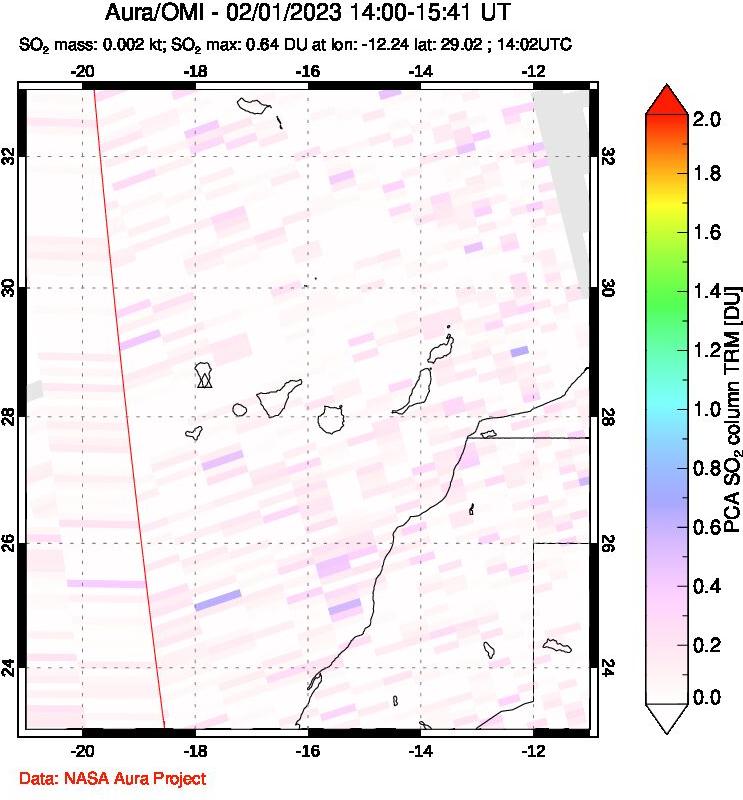 A sulfur dioxide image over Canary Islands on Feb 01, 2023.