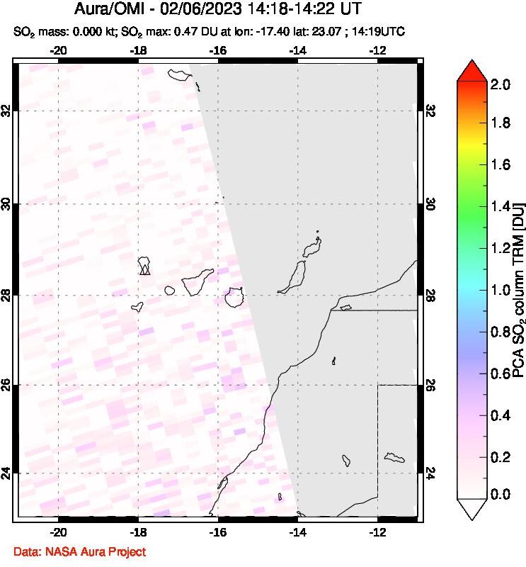 A sulfur dioxide image over Canary Islands on Feb 06, 2023.