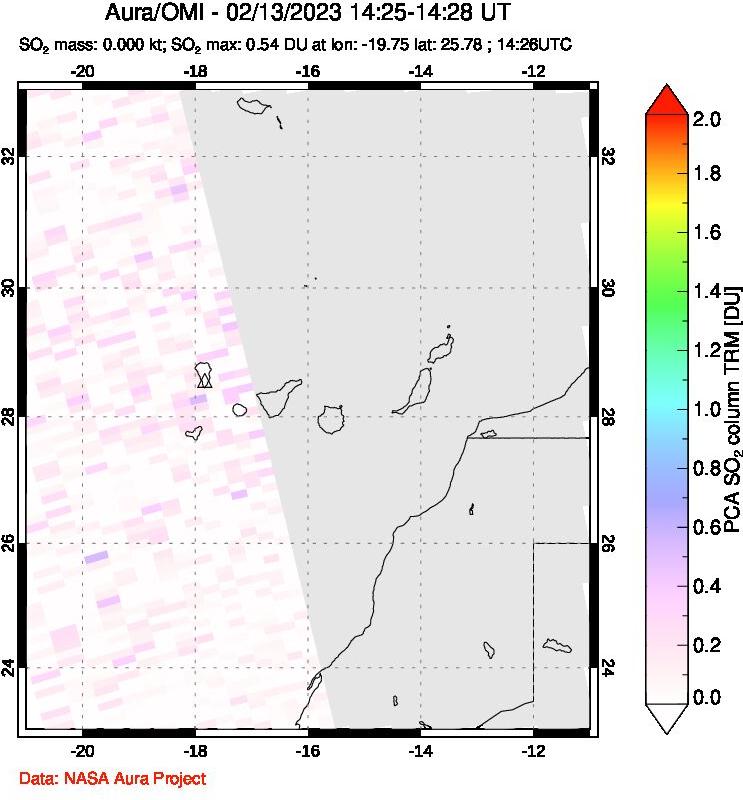 A sulfur dioxide image over Canary Islands on Feb 13, 2023.