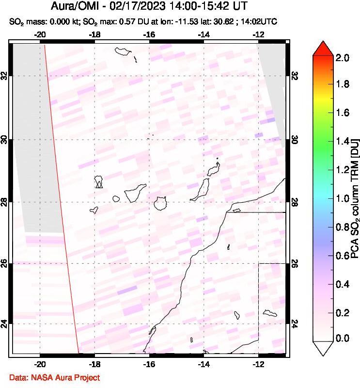 A sulfur dioxide image over Canary Islands on Feb 17, 2023.